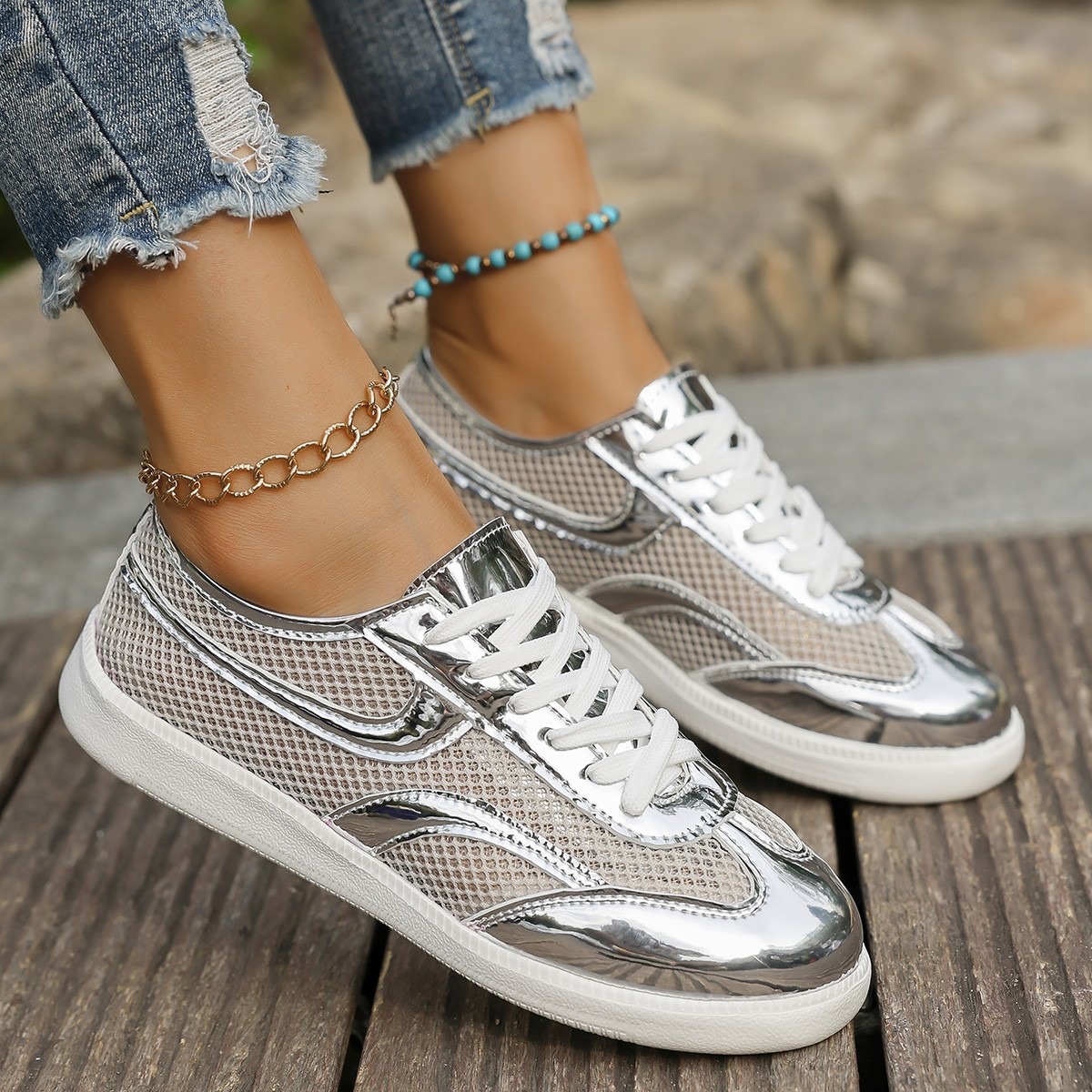 New Women's Sneakers Breathabl - Knit Fabric Lace Up Sneakers ulasan dan harga