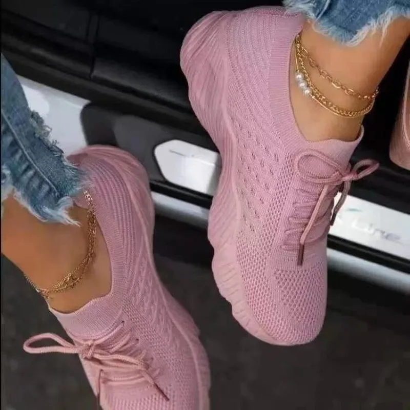 Women's Casual Knit Sneakers B - Knit Fabric Lace Up Sneakers ulasan dan harga