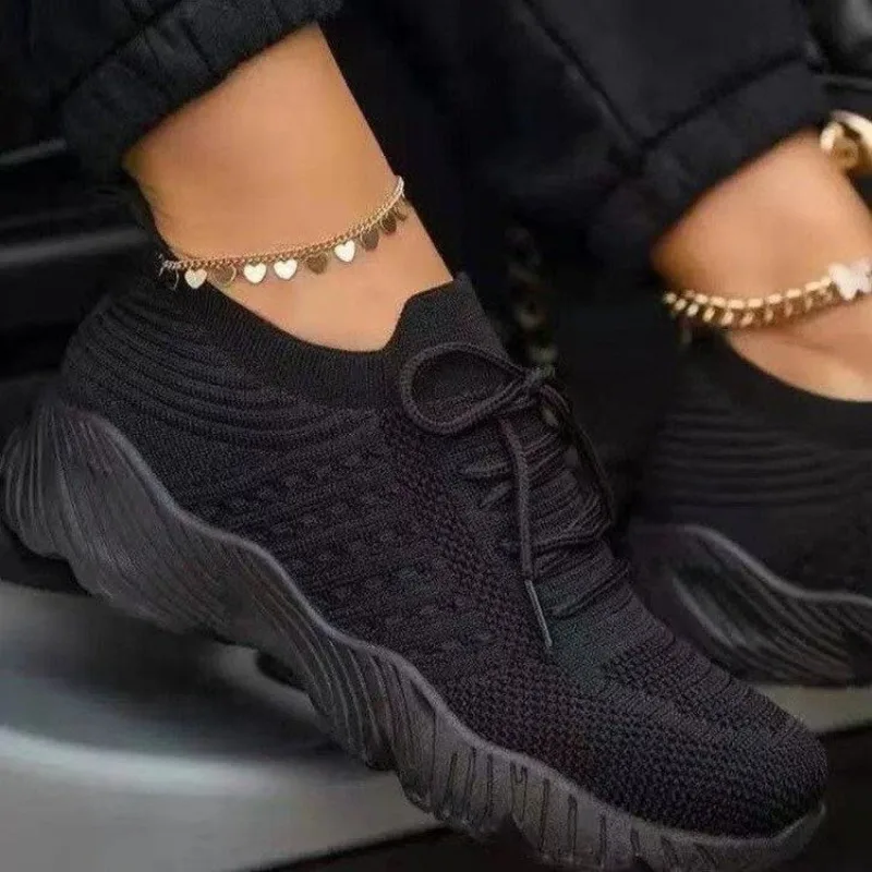 Women's Casual Knit Sneakers B - Knit Fabric Lace Up Sneakers ulasan dan harga
