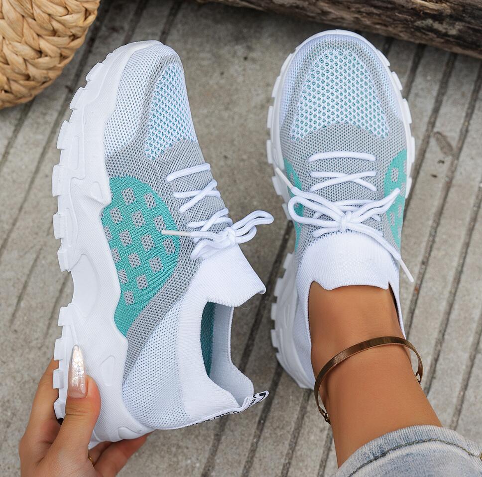 Women's Breathable Knit Mesh S - Knit Fabric Lace Up Sneakers ulasan dan harga