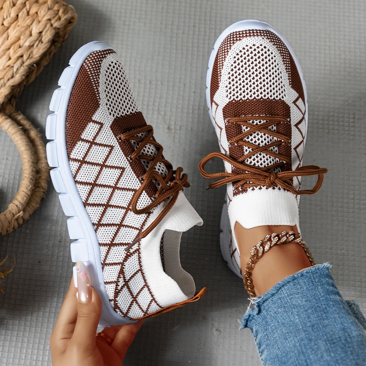 Women Knit Sock Sneakers, Rhom - Knit Fabric Lace Up Sneakers ulasan dan harga