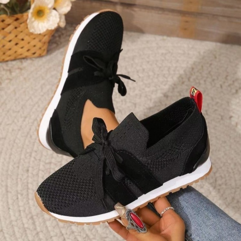 New Black Knit Breathable Wome - Knit Fabric Lace Up Sneakers ulasan dan harga