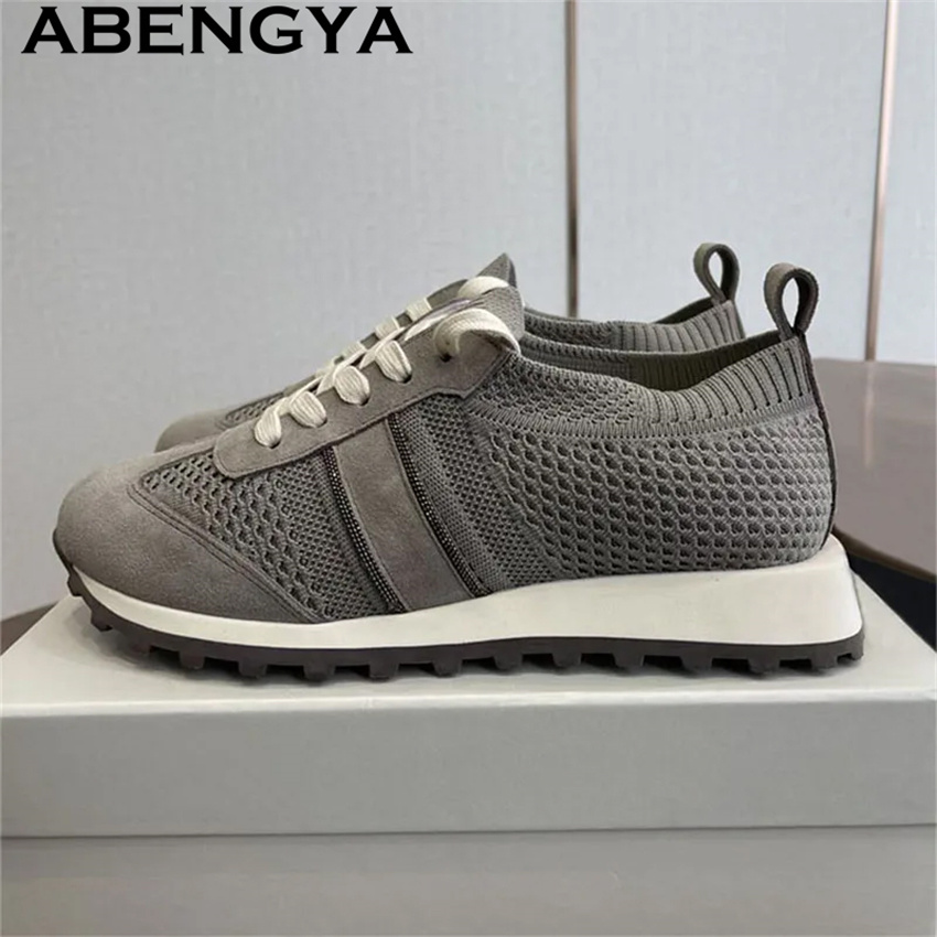 2026 Spring Hot Sale Knitted L - Knit Fabric Lace Up Sneakers ulasan dan harga