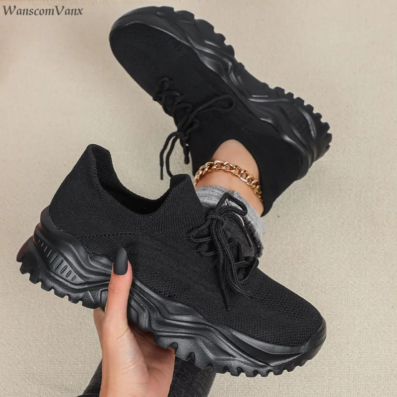 Fashion Chunky Platform Sneake - Knit Fabric Lace Up Sneakers ulasan dan harga