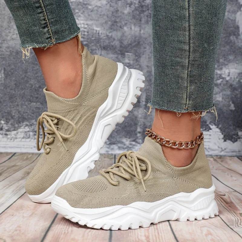 Fashion Chunky Platform Sneake - Knit Fabric Lace Up Sneakers ulasan dan harga