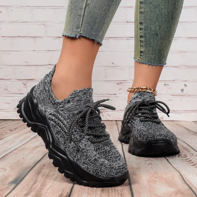 Fashion Chunky Platform Sneake - Knit Fabric Lace Up Sneakers ulasan dan harga