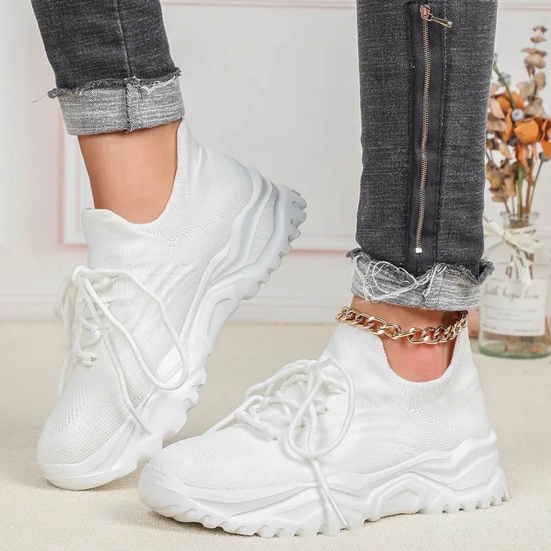 Fashion Chunky Platform Sneake - Knit Fabric Lace Up Sneakers ulasan dan harga